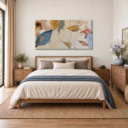 Loose ochre, blue and pink leaves arranged on a pale layered background single canvas wall art styled in an interior