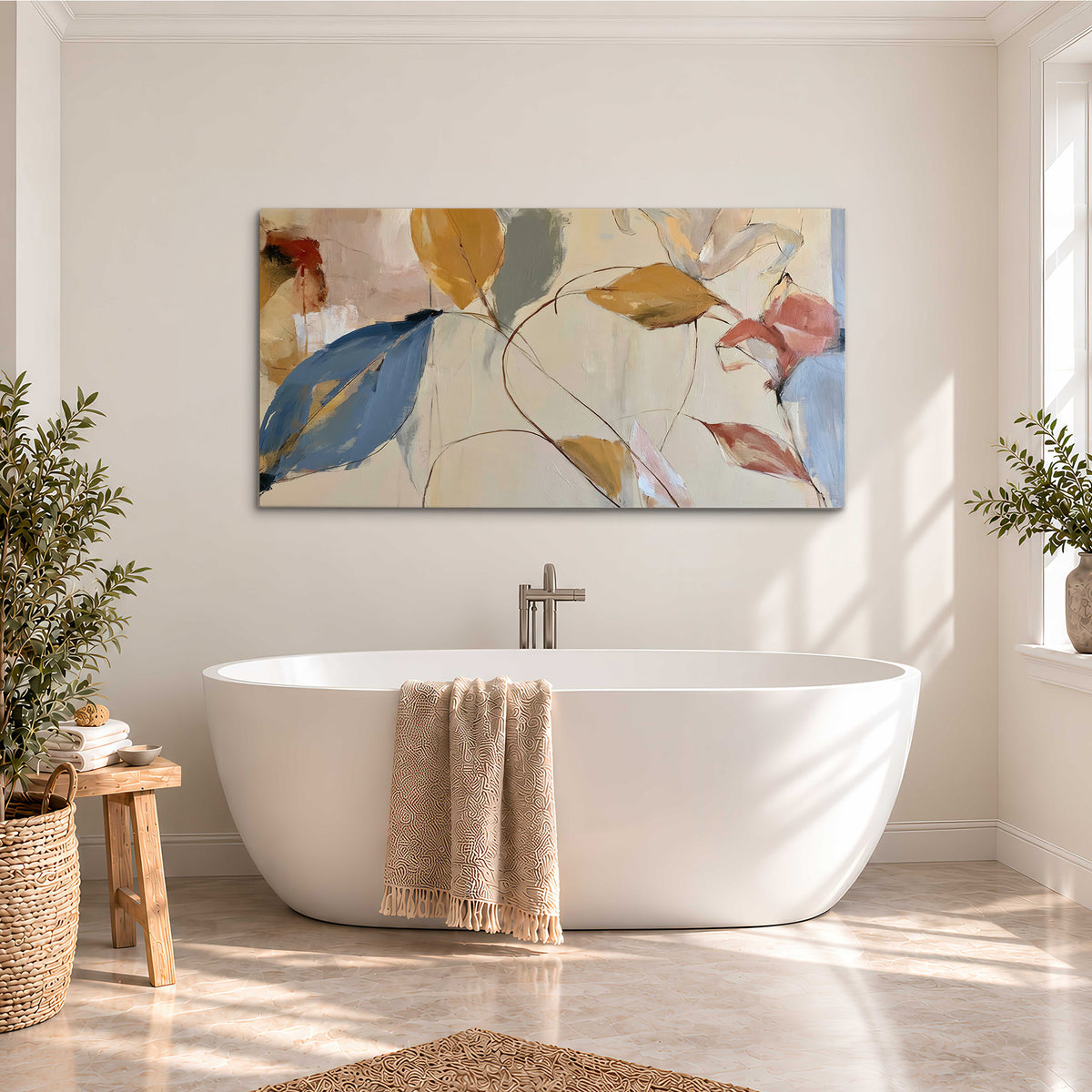 Loose ochre, blue and pink leaves arranged on a pale layered background single canvas wall art styled in an interior