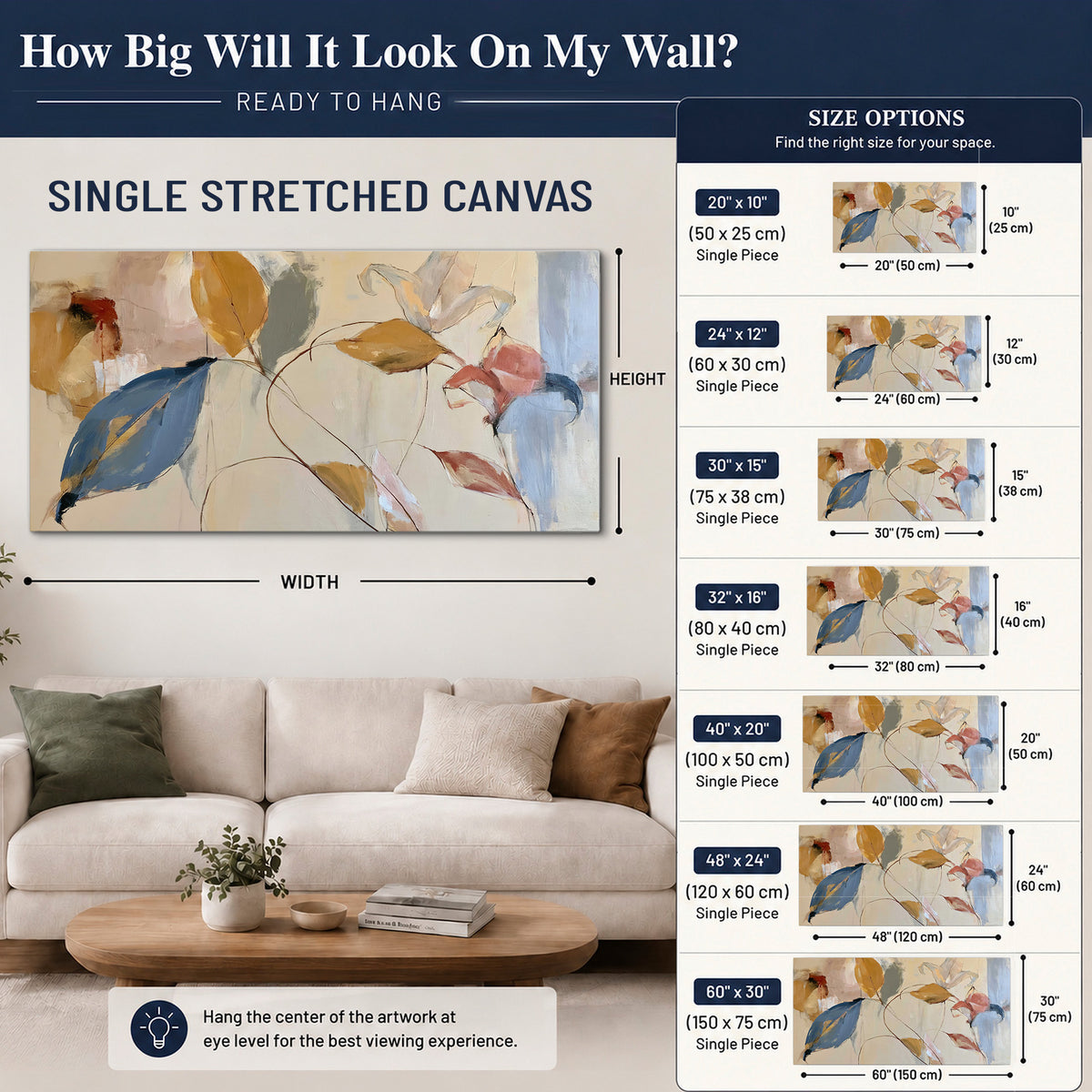 Loose ochre, blue and pink leaves arranged on a pale layered background single canvas wall art size guide above a sofa; room view is illustrative