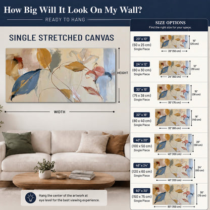 Loose ochre, blue and pink leaves arranged on a pale layered background single canvas wall art size guide above a sofa; room view is illustrative
