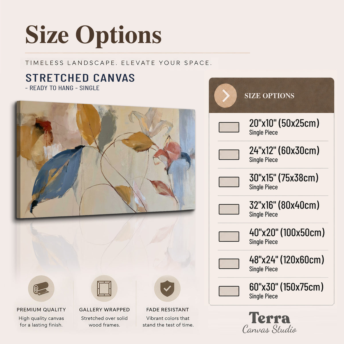 Loose ochre, blue and pink leaves arranged on a pale layered background single canvas wall art available dimensions