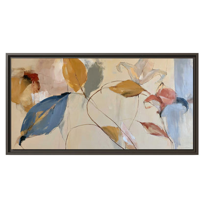 Loose ochre, blue and pink leaves arranged on a pale layered background single framed canvas wall art viewed straight on