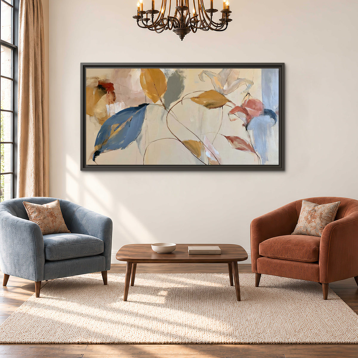 Loose ochre, blue and pink leaves arranged on a pale layered background single framed canvas wall art styled in an interior