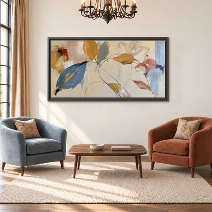 Loose ochre, blue and pink leaves arranged on a pale layered background single framed canvas wall art styled in an interior
