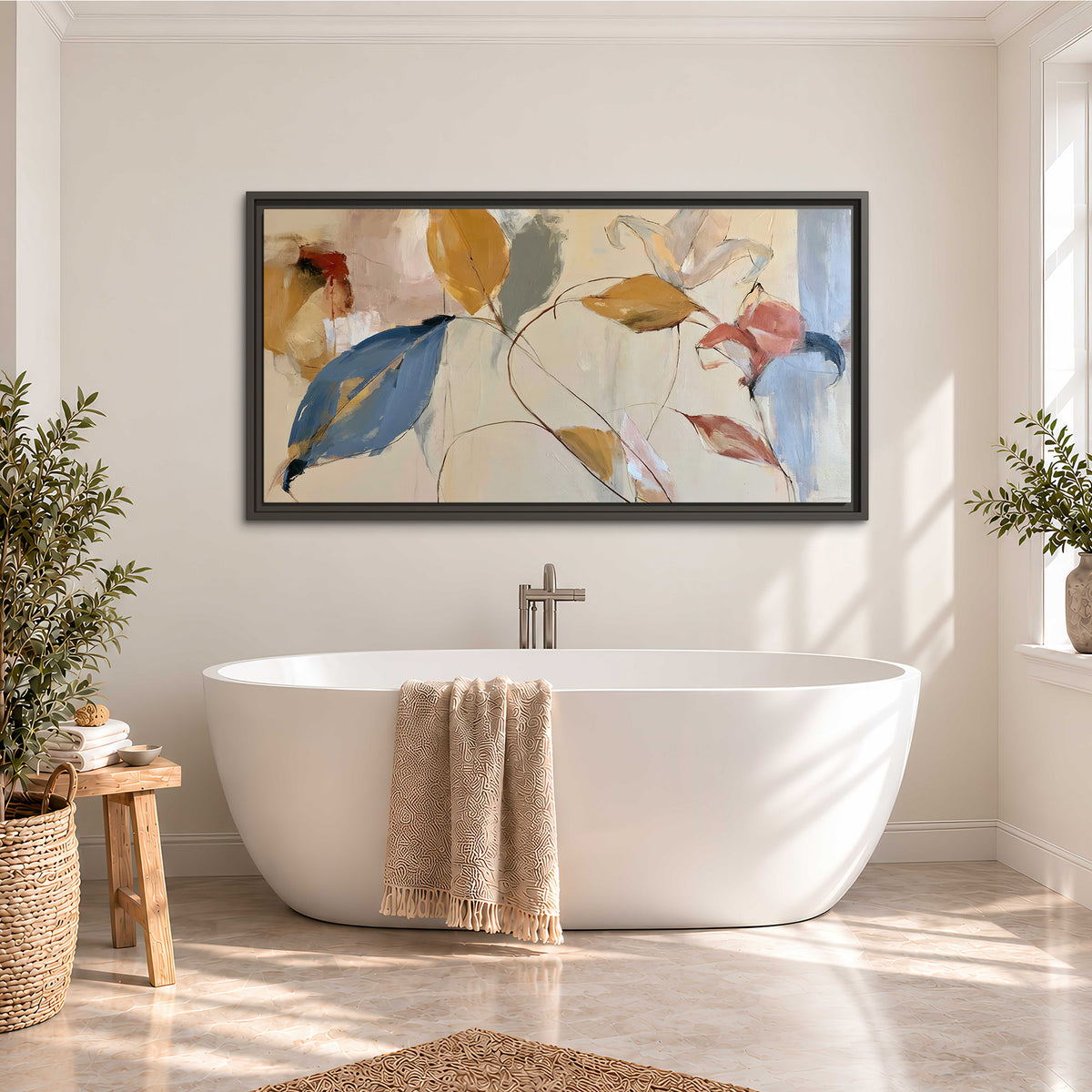 Loose ochre, blue and pink leaves arranged on a pale layered background single framed canvas wall art styled in an interior