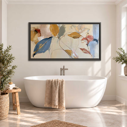 Loose ochre, blue and pink leaves arranged on a pale layered background single framed canvas wall art styled in an interior