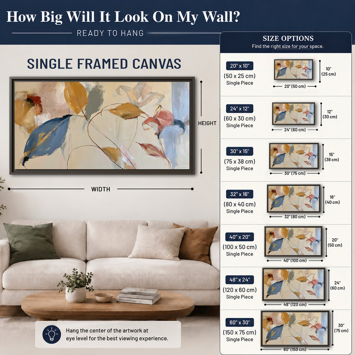 Loose ochre, blue and pink leaves arranged on a pale layered background single framed canvas wall art size guide above a sofa; room view is illustrative