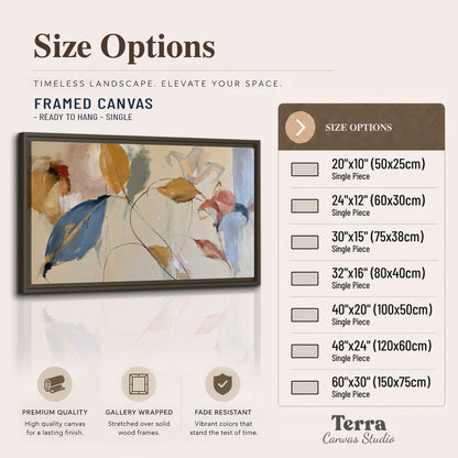 Loose ochre, blue and pink leaves arranged on a pale layered background single framed canvas wall art available dimensions