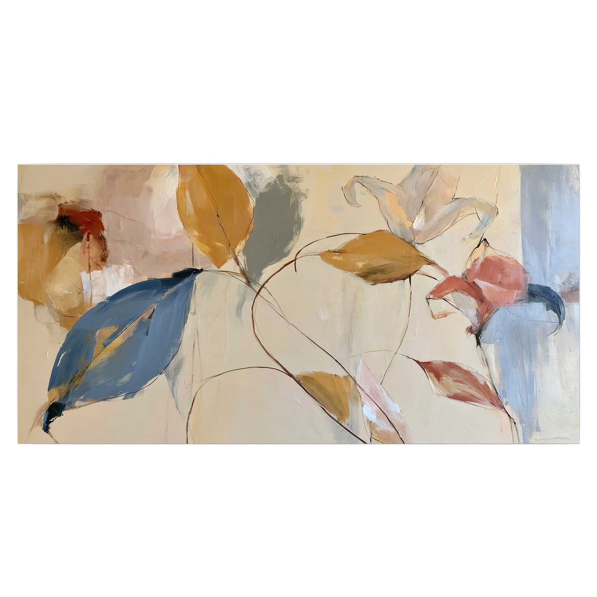 Loose ochre, blue and pink leaves arranged on a pale layered background single poster print viewed straight on