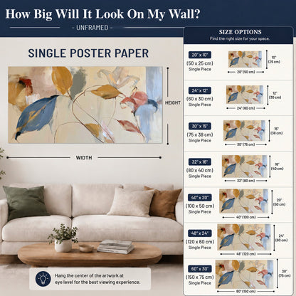 Loose ochre, blue and pink leaves arranged on a pale layered background single poster print size guide above a sofa; room view is illustrative