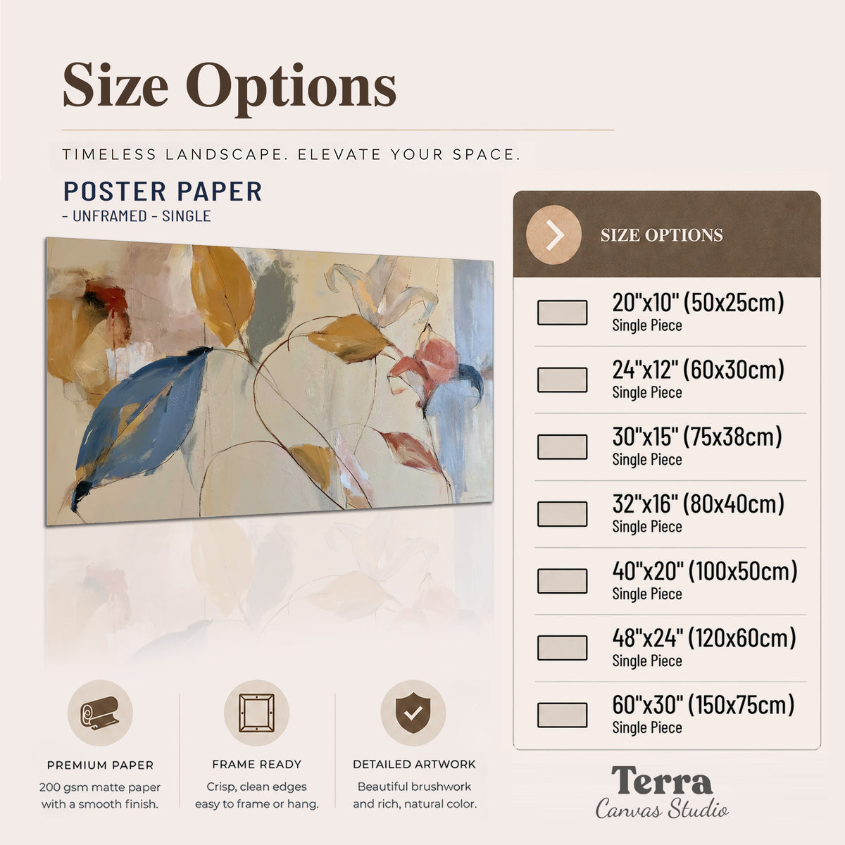 Loose ochre, blue and pink leaves arranged on a pale layered background single poster print available dimensions