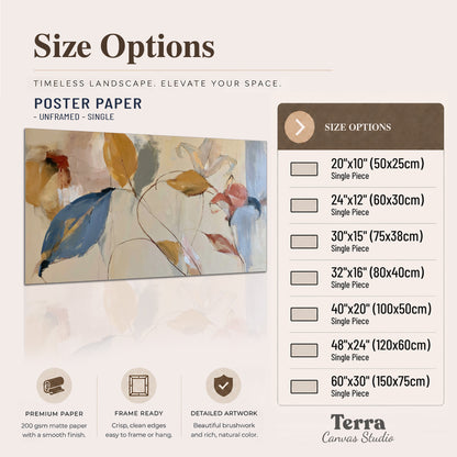 Loose ochre, blue and pink leaves arranged on a pale layered background single poster print available dimensions