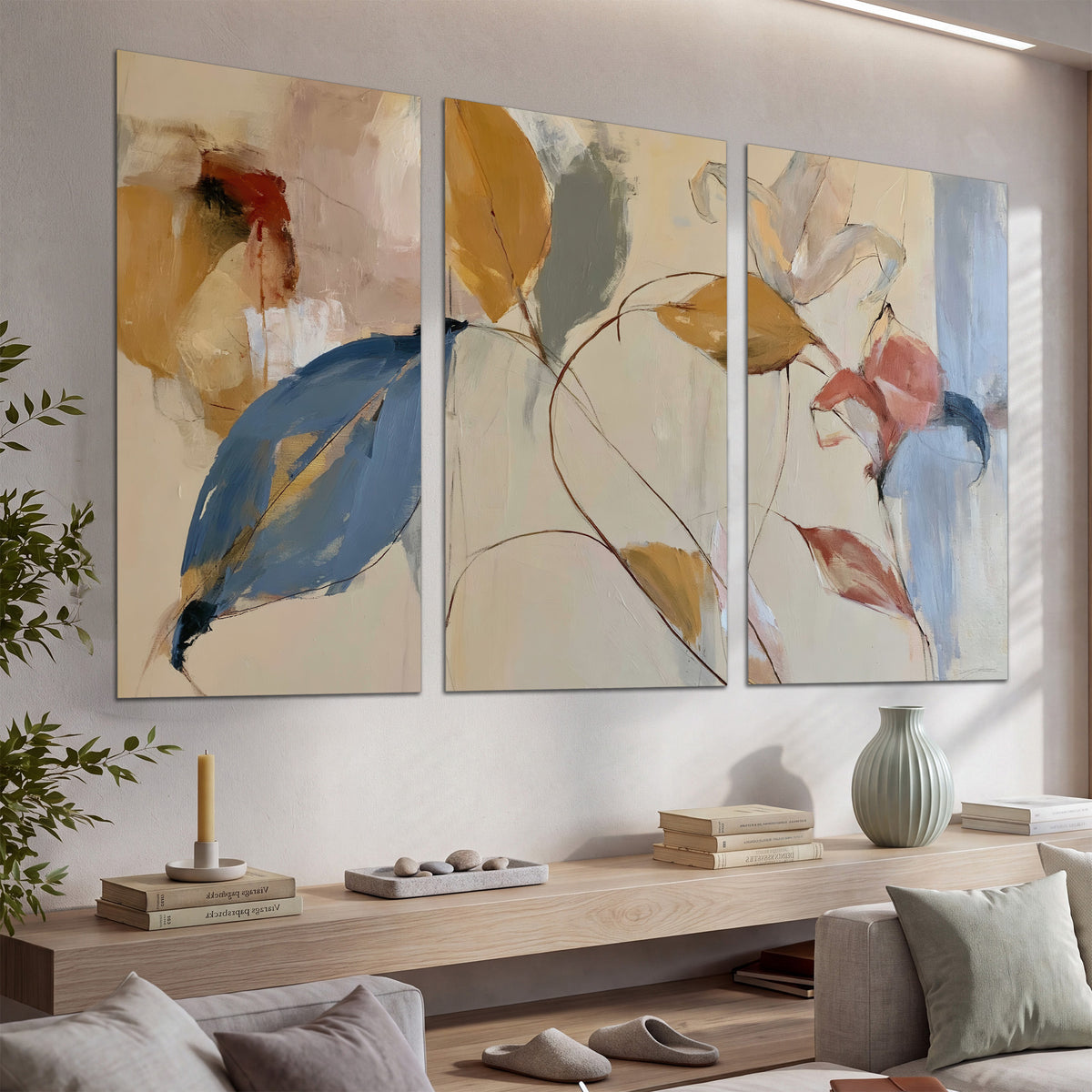 Loose ochre, blue and pink leaves arranged on a pale layered background set of 3 poster prints displayed in a console