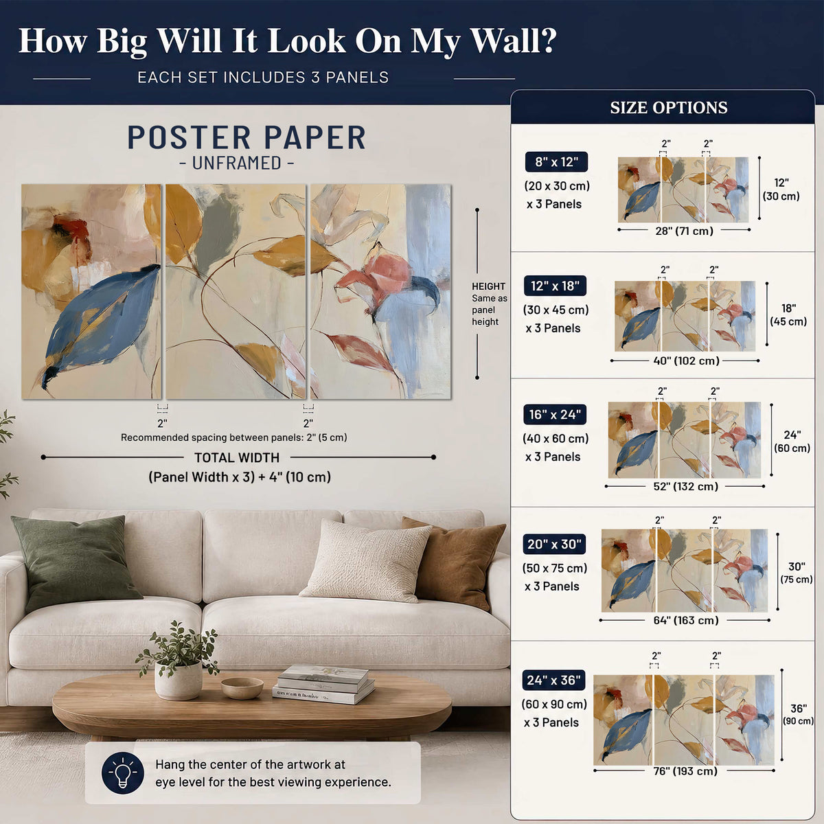 Loose ochre, blue and pink leaves arranged on a pale layered background set of 3 poster prints size guide above a sofa; room view is illustrative
