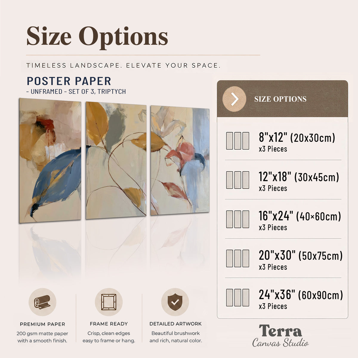 Loose ochre, blue and pink leaves arranged on a pale layered background set of 3 poster prints available dimensions; triptych dimensions are per panel