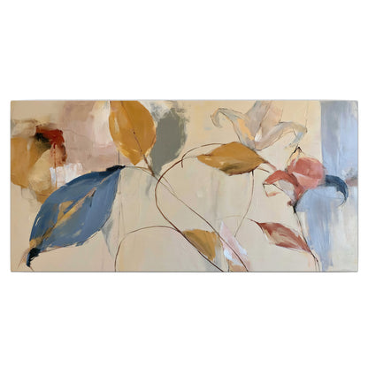 Loose ochre, blue and pink leaves arranged on a pale layered background single canvas wall art viewed straight on