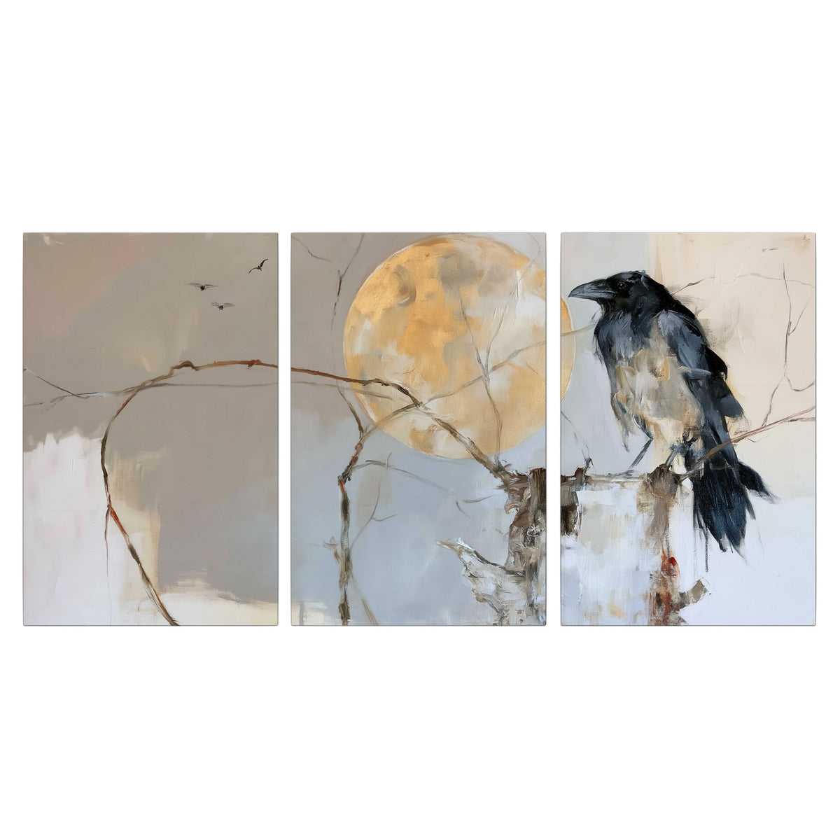 A dark raven beside a golden moon amid pale blue and cream painterly strokes 3 piece canvas wall art viewed straight on