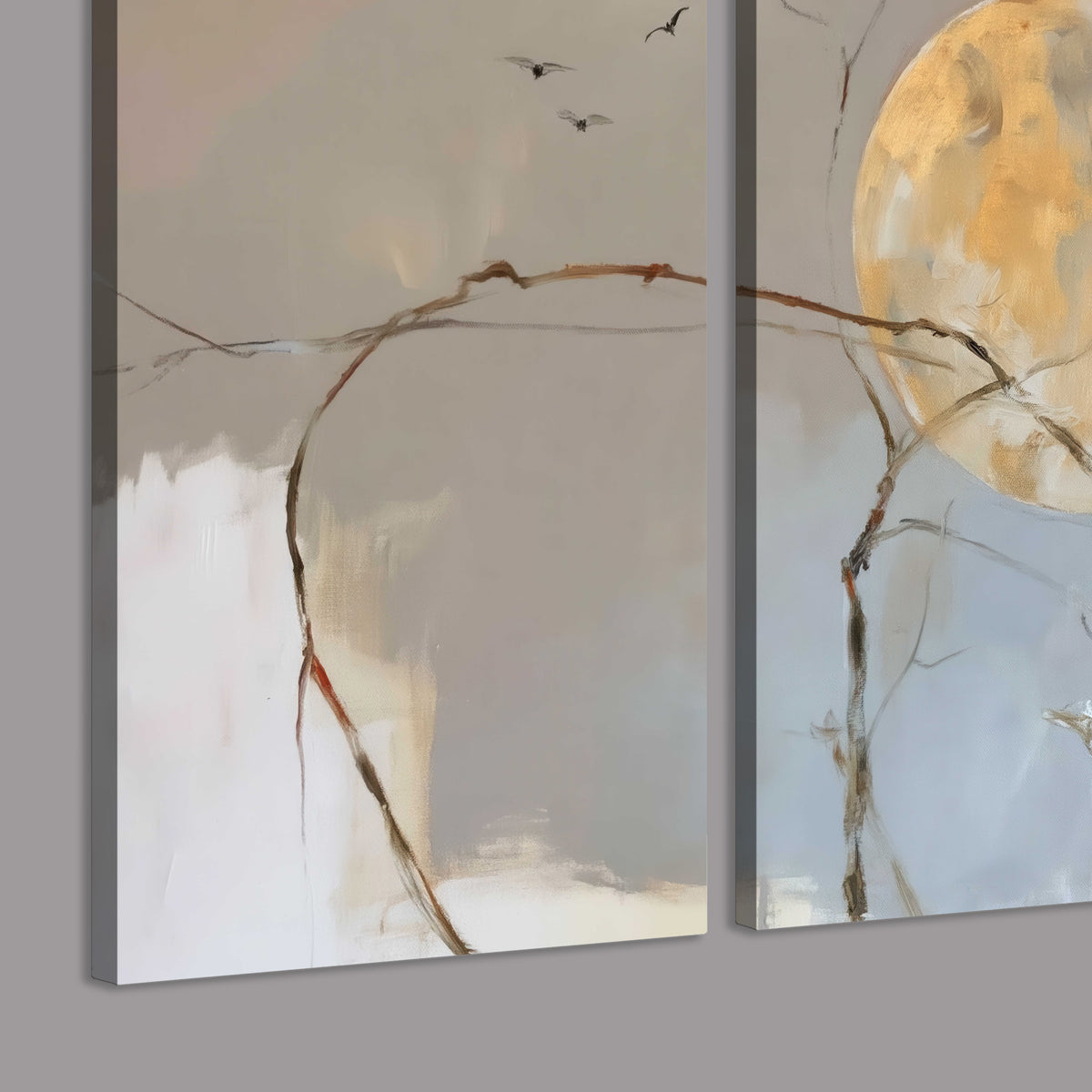 A dark raven beside a golden moon amid pale blue and cream painterly strokes 3 piece canvas wall art room and product view