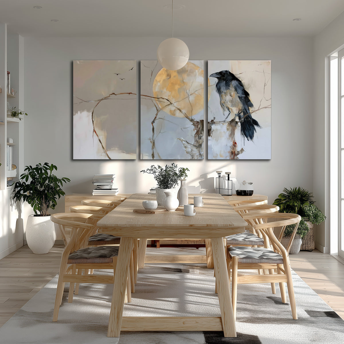 A dark raven beside a golden moon amid pale blue and cream painterly strokes 3 piece canvas wall art room and product view