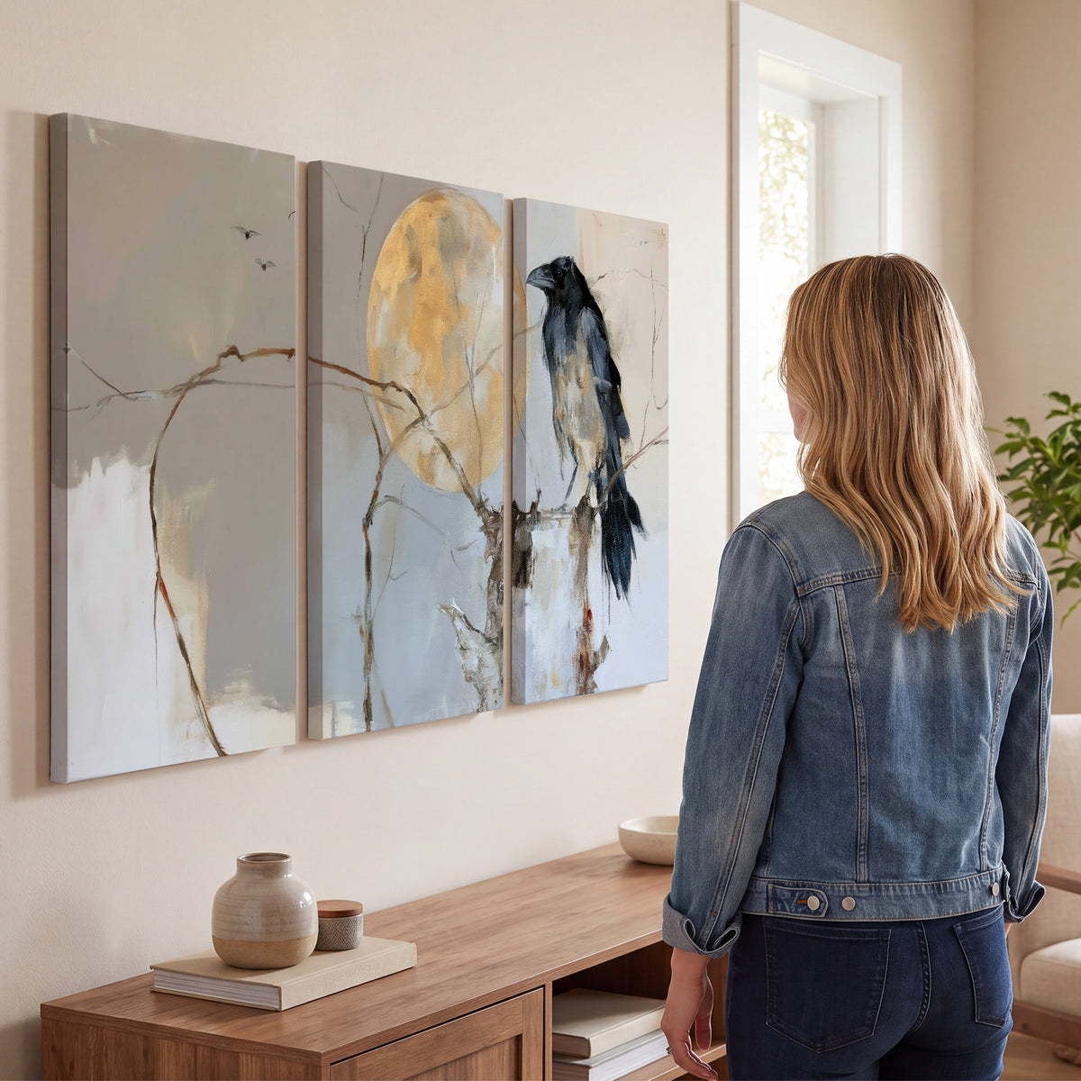 A dark raven beside a golden moon amid pale blue and cream painterly strokes 3 piece canvas wall art three panel arrangement on a wall