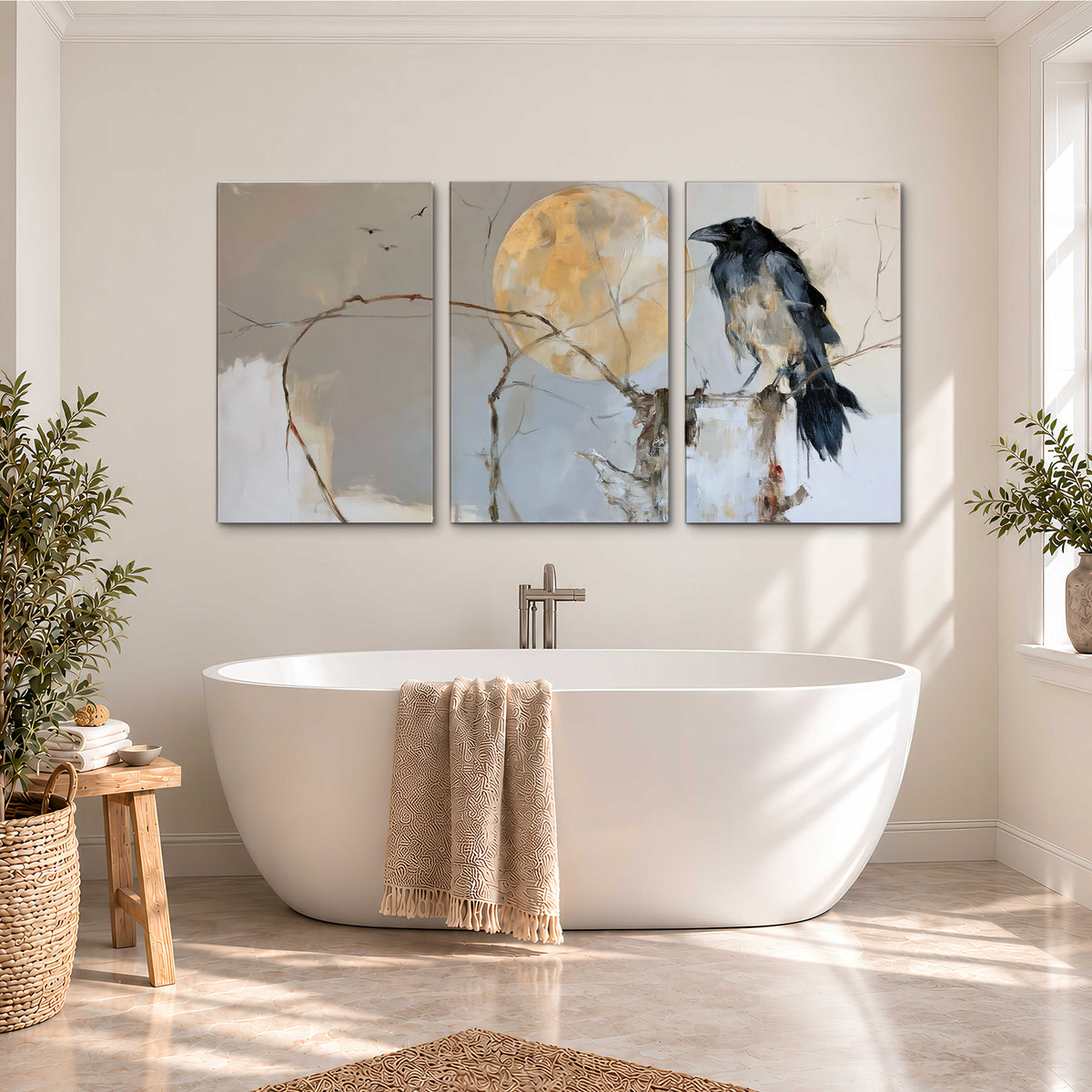 A dark raven beside a golden moon amid pale blue and cream painterly strokes 3 piece canvas wall art styled in an interior