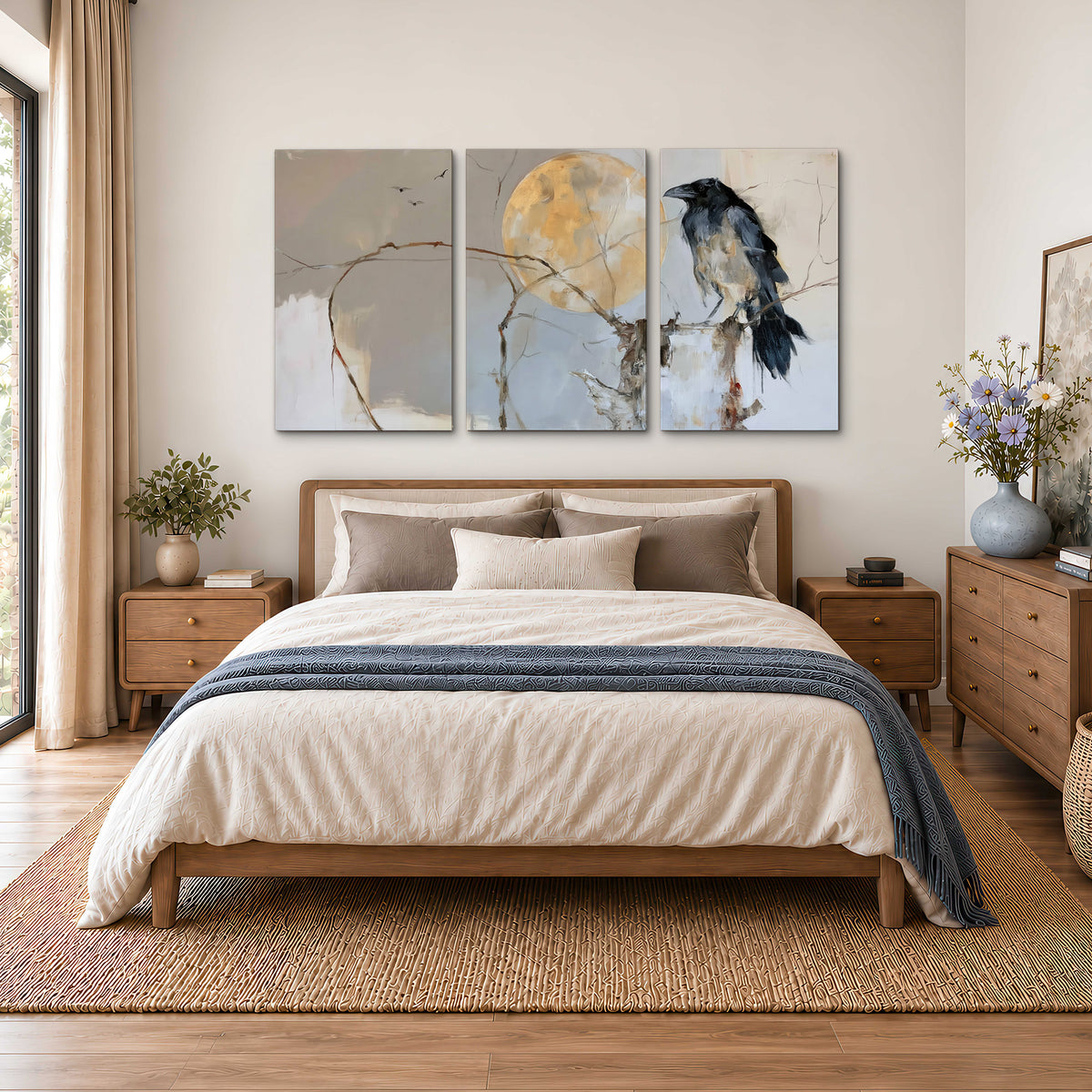 A dark raven beside a golden moon amid pale blue and cream painterly strokes 3 piece canvas wall art styled in an interior