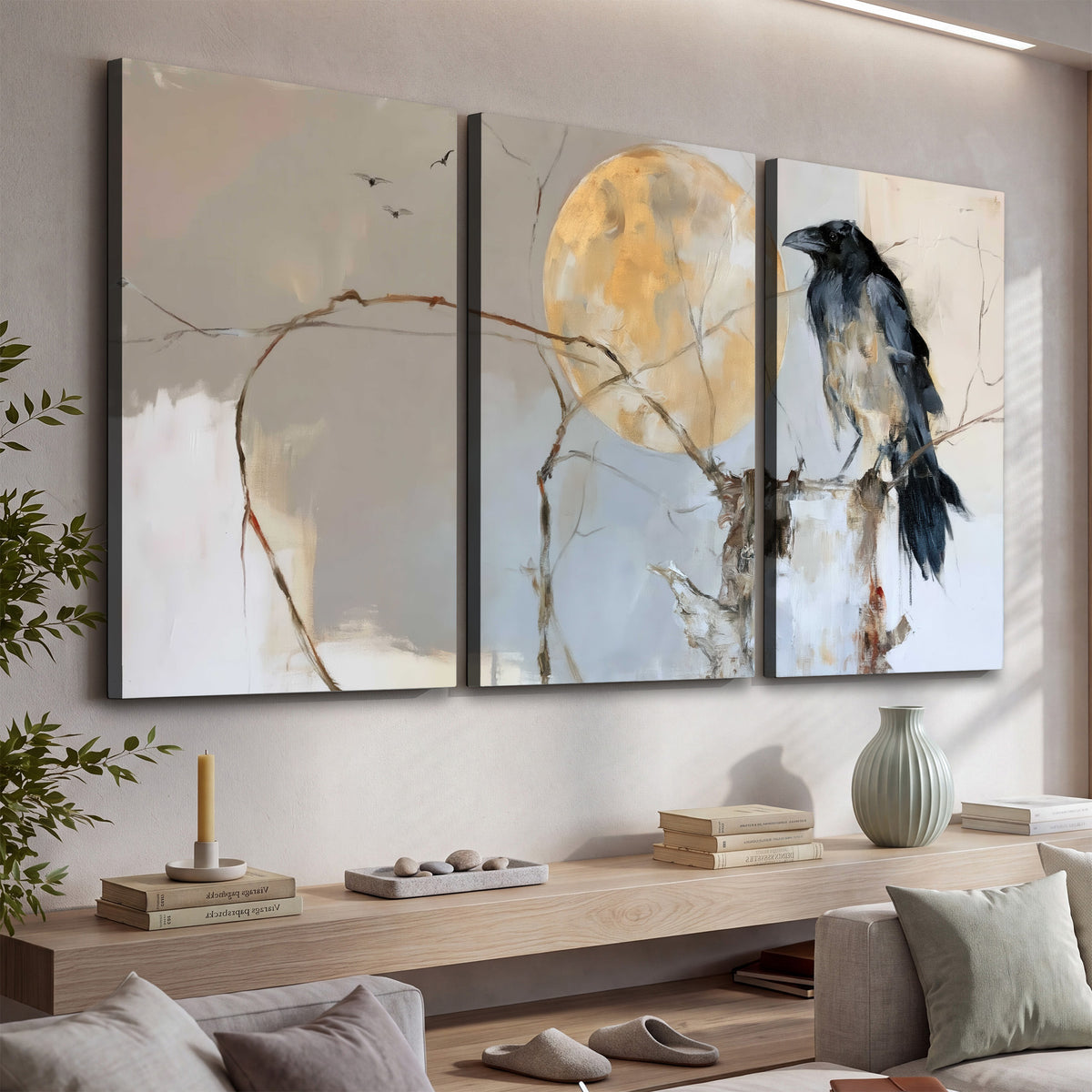 A dark raven beside a golden moon amid pale blue and cream painterly strokes 3 piece canvas wall art displayed in a console