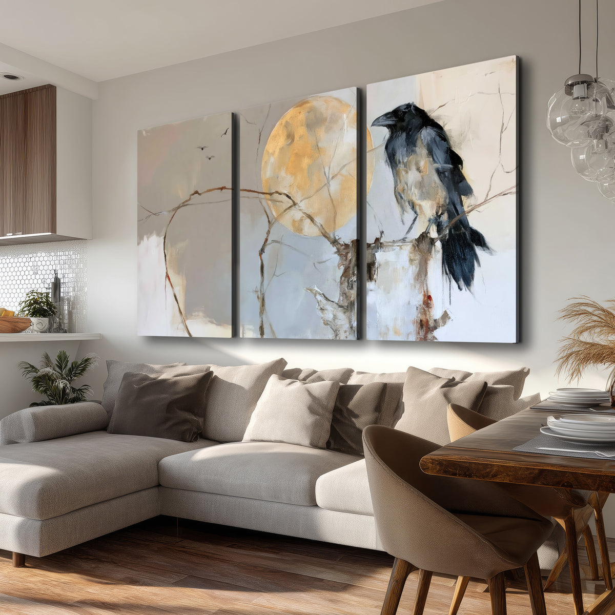 A dark raven beside a golden moon amid pale blue and cream painterly strokes 3 piece canvas wall art room and product view