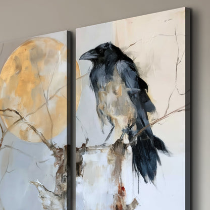 A dark raven beside a golden moon amid pale blue and cream painterly strokes 3 piece canvas wall art room and product view