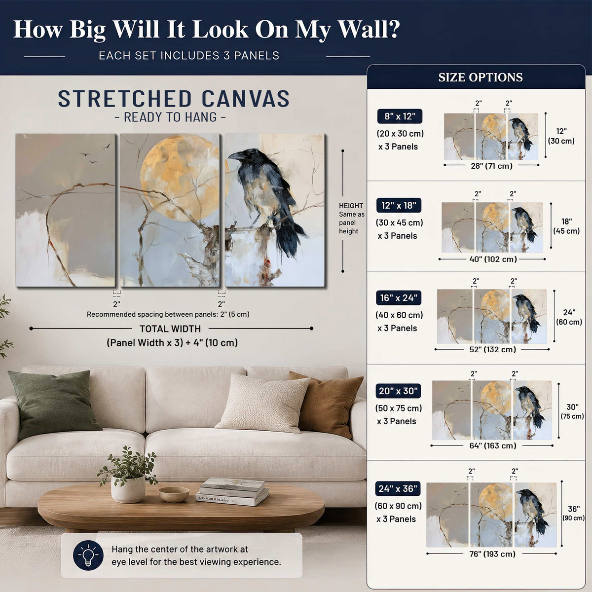 A dark raven beside a golden moon amid pale blue and cream painterly strokes 3 piece canvas wall art size guide above a sofa; room view is illustrative