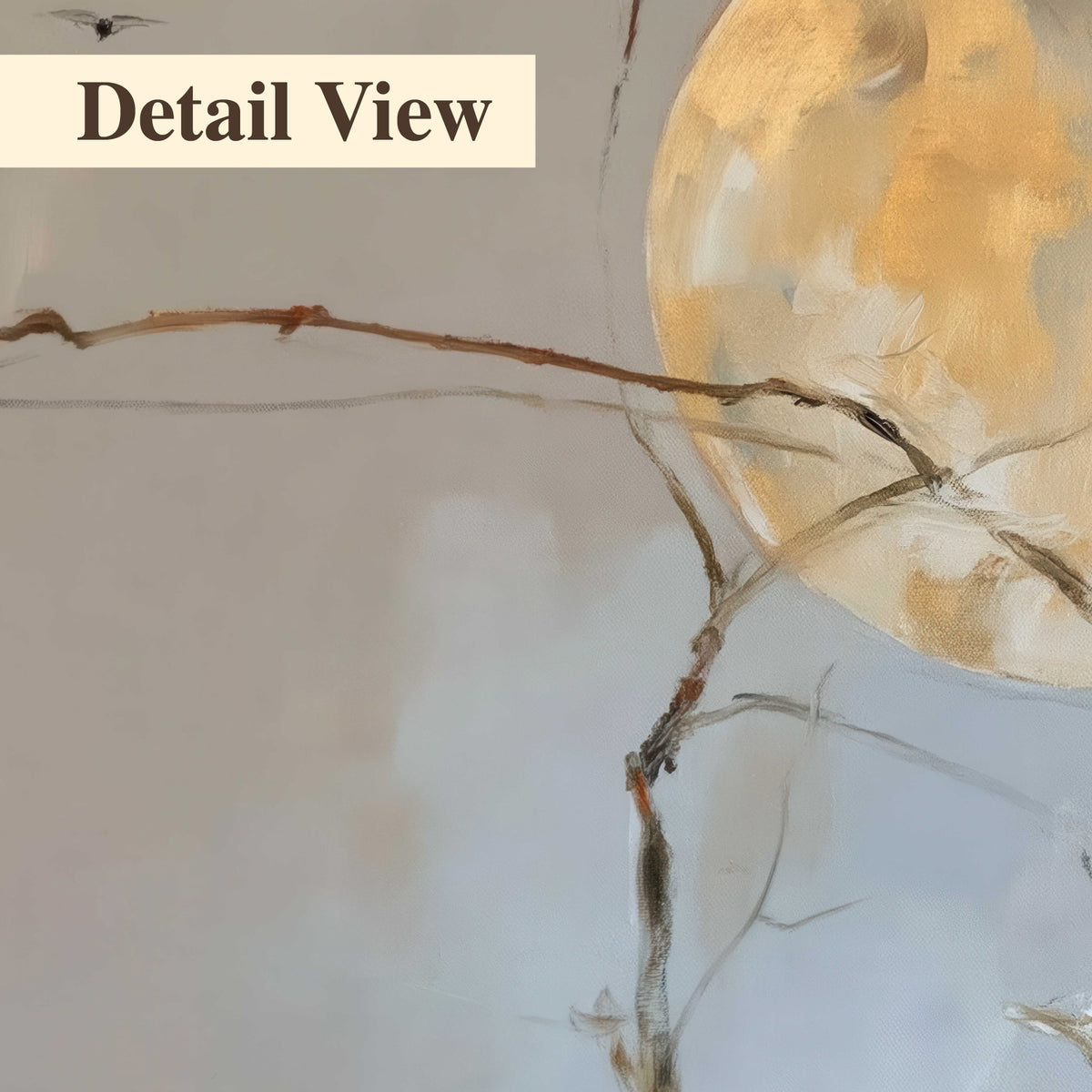 A dark raven beside a golden moon amid pale blue and cream painterly strokes 3 piece canvas wall art artwork detail close up