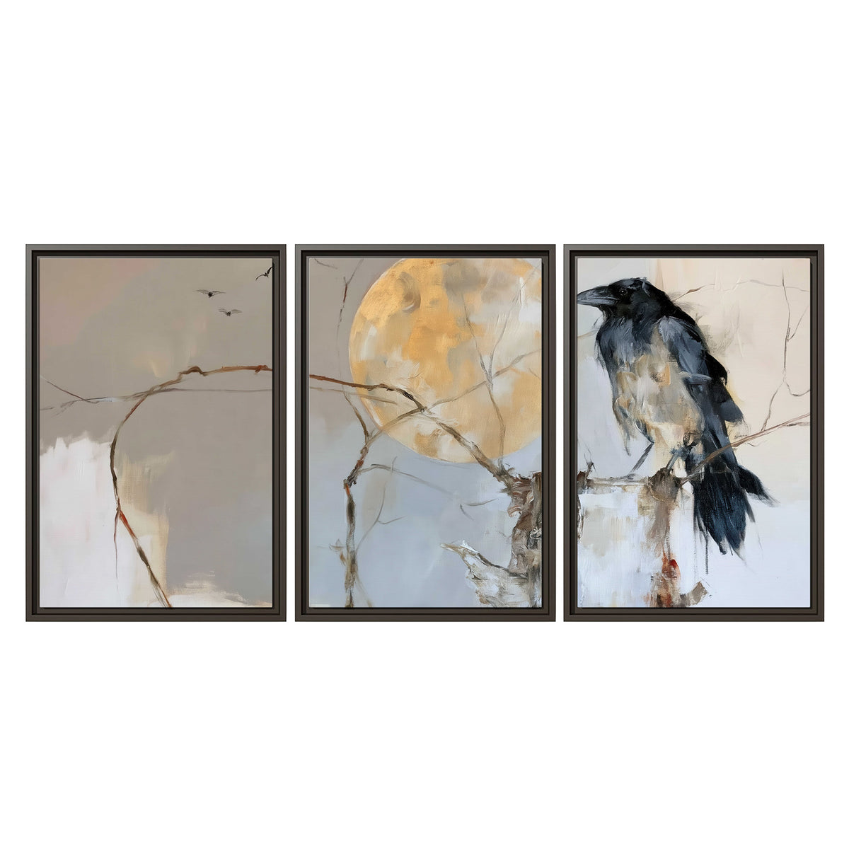 A dark raven beside a golden moon amid pale blue and cream painterly strokes 3 piece framed canvas wall art viewed straight on