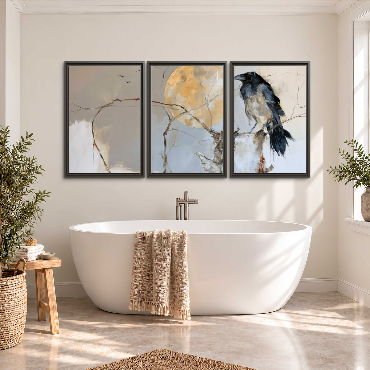 A dark raven beside a golden moon amid pale blue and cream painterly strokes 3 piece framed canvas wall art styled in an interior