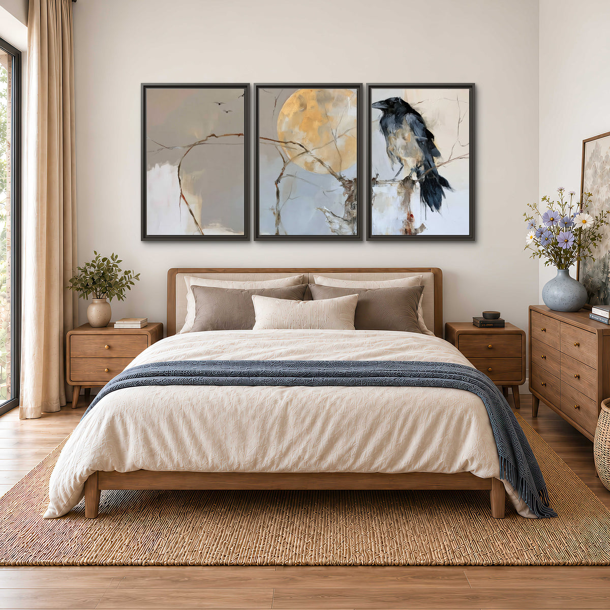 A dark raven beside a golden moon amid pale blue and cream painterly strokes 3 piece framed canvas wall art styled in an interior