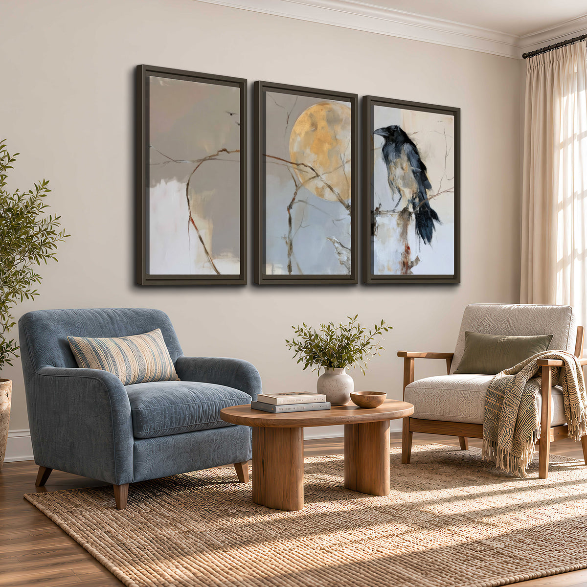 A dark raven beside a golden moon amid pale blue and cream painterly strokes 3 piece framed canvas wall art styled in an interior