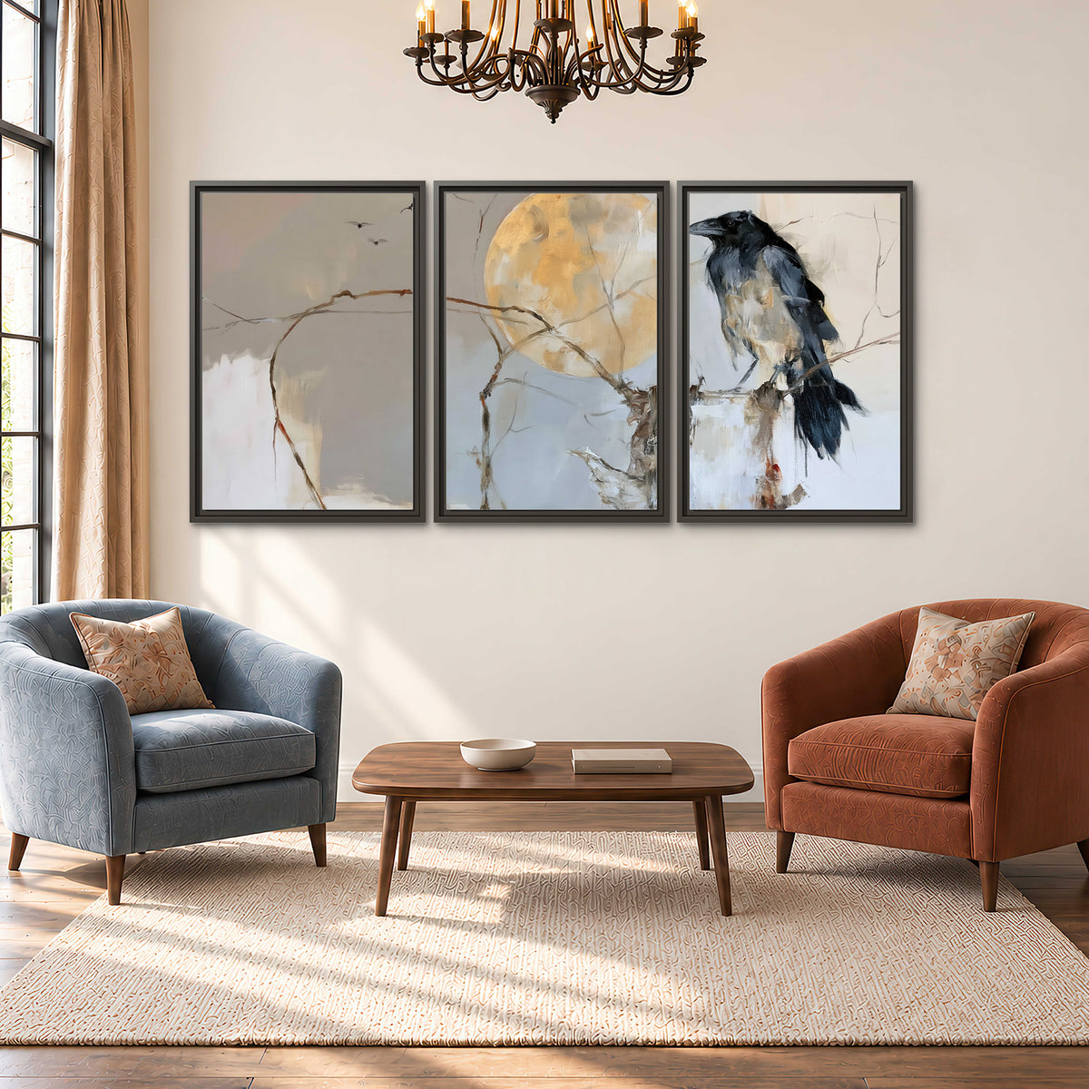 A dark raven beside a golden moon amid pale blue and cream painterly strokes 3 piece framed canvas wall art styled in an interior
