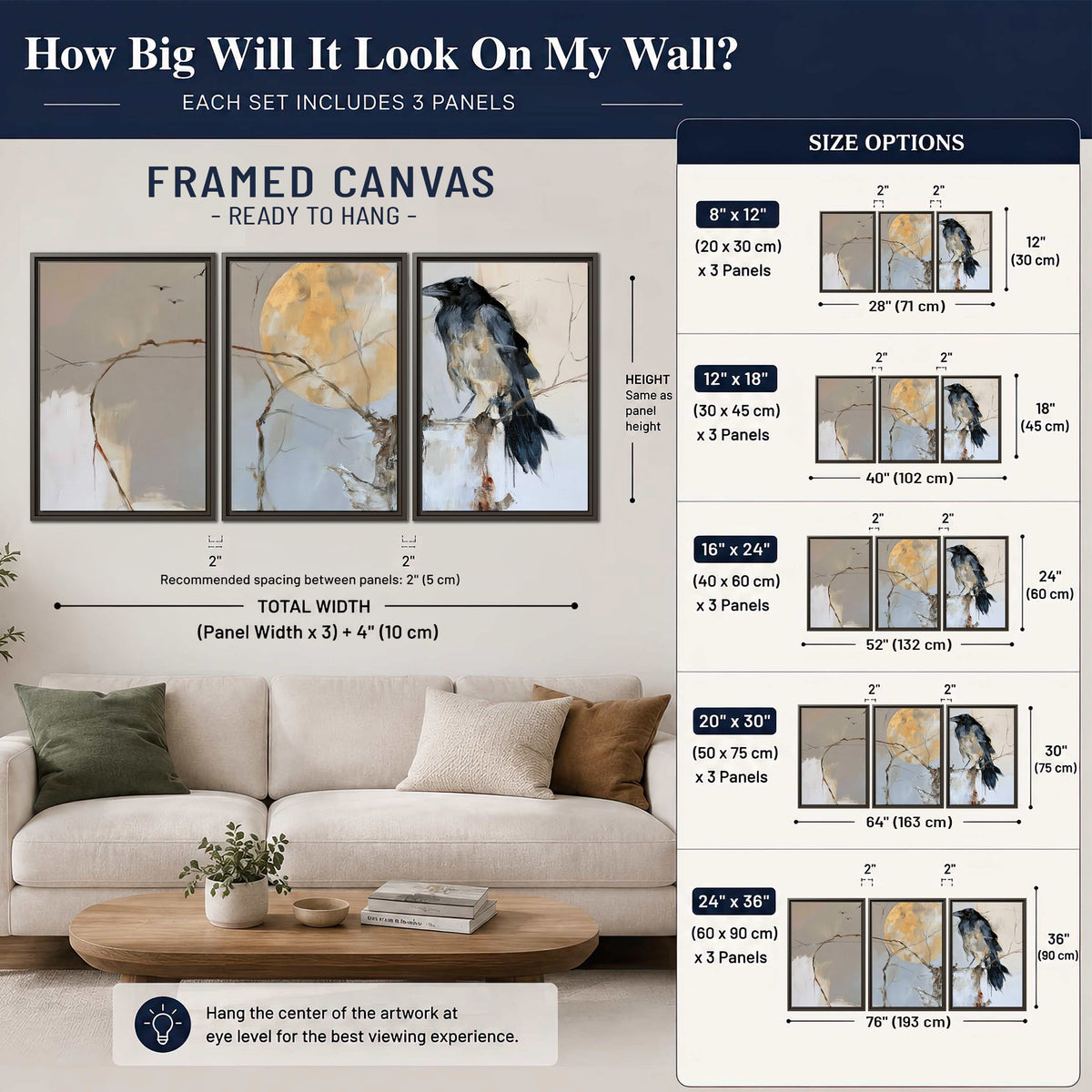A dark raven beside a golden moon amid pale blue and cream painterly strokes 3 piece framed canvas wall art size guide above a sofa; room view is illustrative