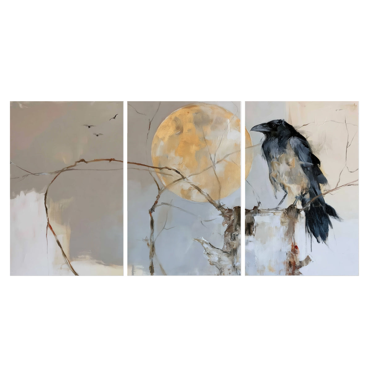 A dark raven beside a golden moon amid pale blue and cream painterly strokes set of 3 poster prints viewed straight on