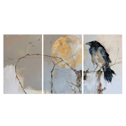 A dark raven beside a golden moon amid pale blue and cream painterly strokes set of 3 poster prints viewed straight on