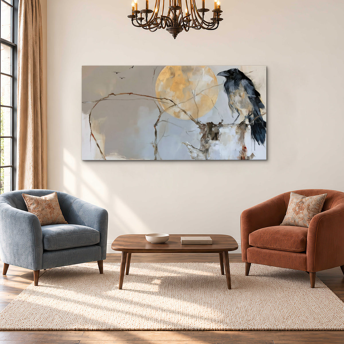 A dark raven beside a golden moon amid pale blue and cream painterly strokes single canvas wall art styled in an interior