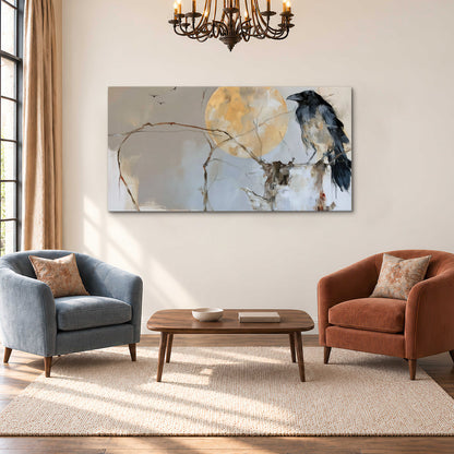 A dark raven beside a golden moon amid pale blue and cream painterly strokes single canvas wall art styled in an interior