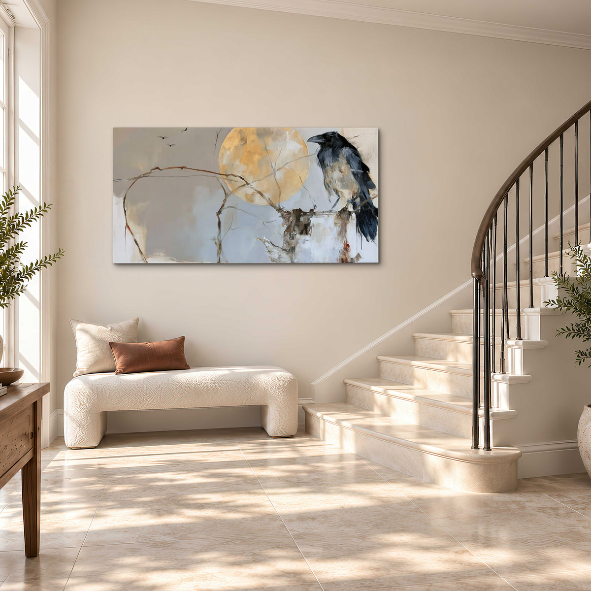 A dark raven beside a golden moon amid pale blue and cream painterly strokes single canvas wall art styled in an interior