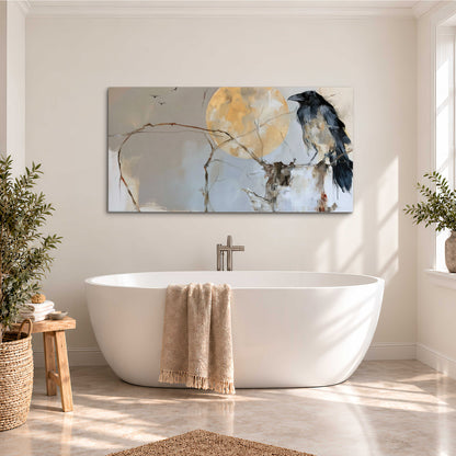 A dark raven beside a golden moon amid pale blue and cream painterly strokes single canvas wall art styled in an interior