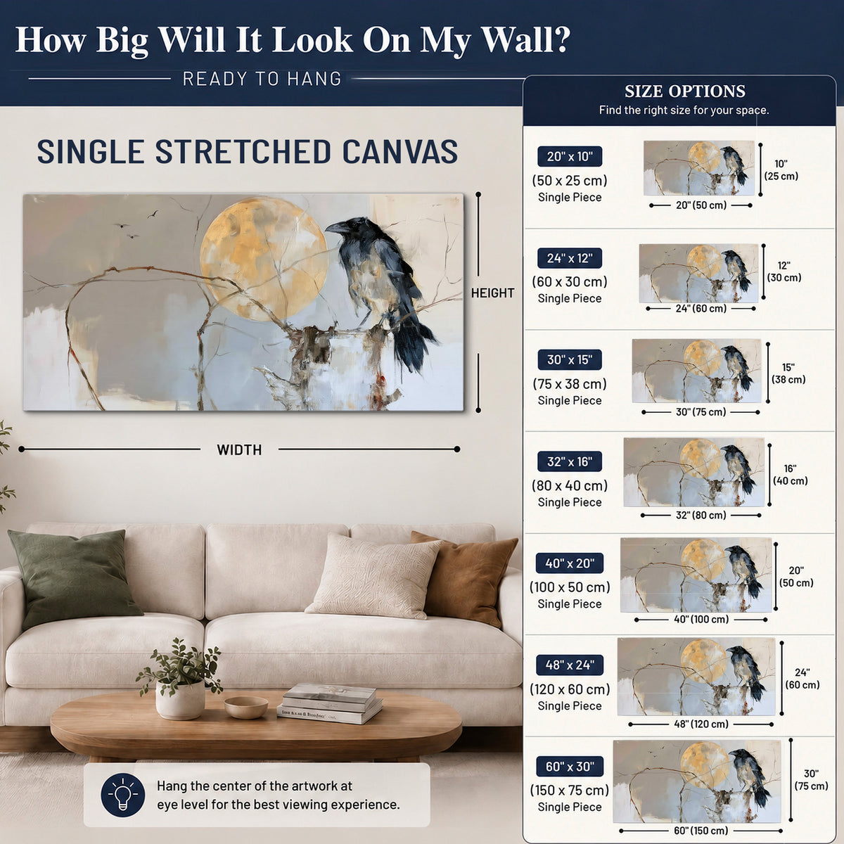 A dark raven beside a golden moon amid pale blue and cream painterly strokes single canvas wall art size guide above a sofa; room view is illustrative