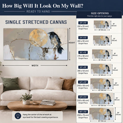 A dark raven beside a golden moon amid pale blue and cream painterly strokes single canvas wall art size guide above a sofa; room view is illustrative
