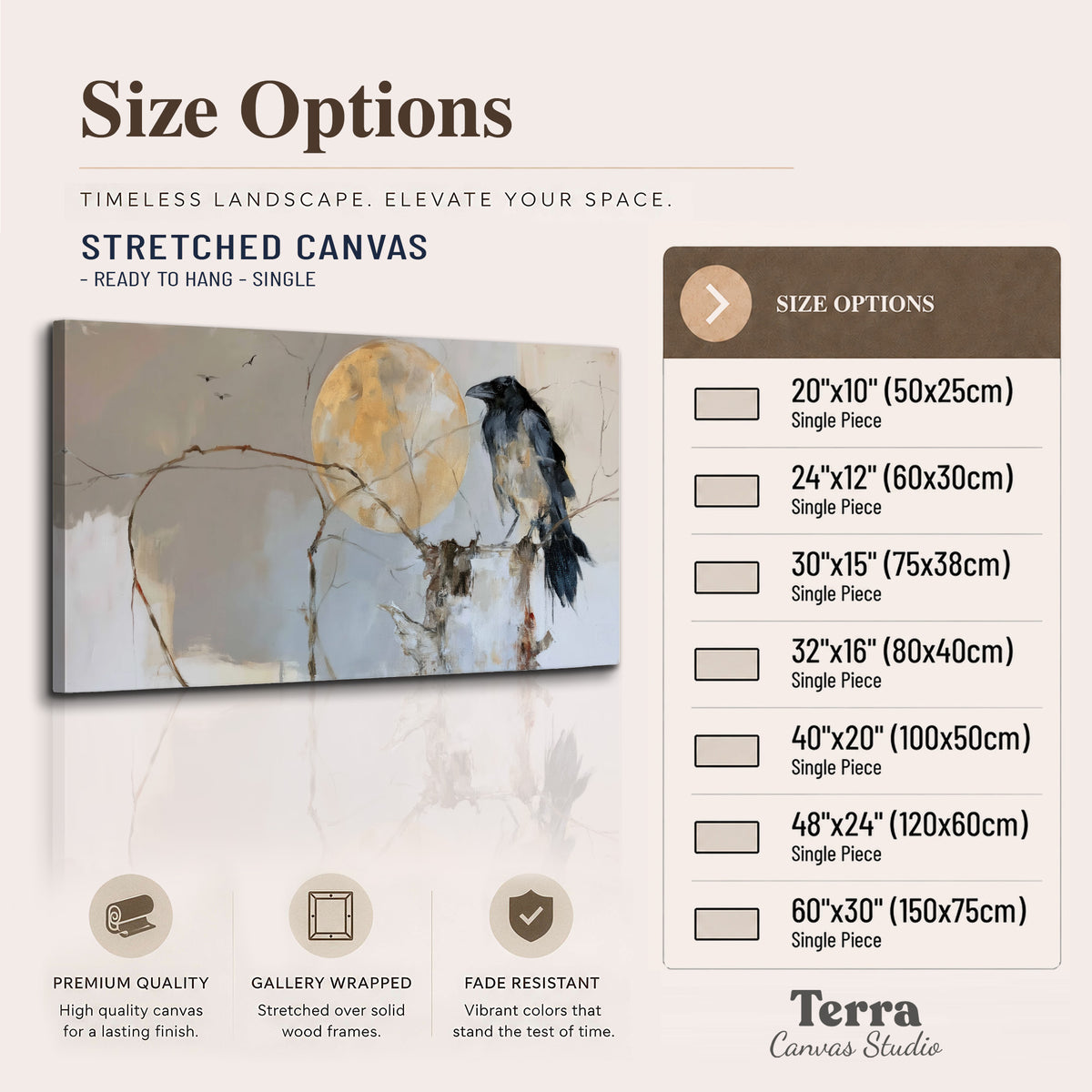 A dark raven beside a golden moon amid pale blue and cream painterly strokes single canvas wall art available dimensions
