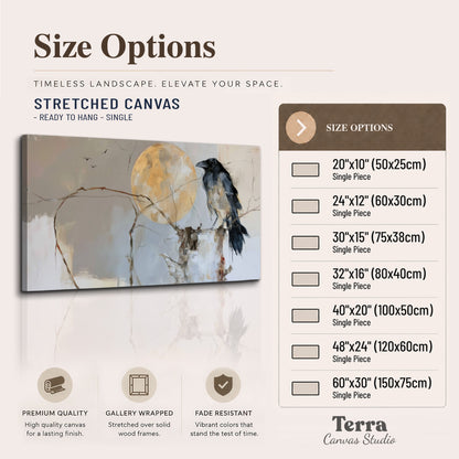 A dark raven beside a golden moon amid pale blue and cream painterly strokes single canvas wall art available dimensions