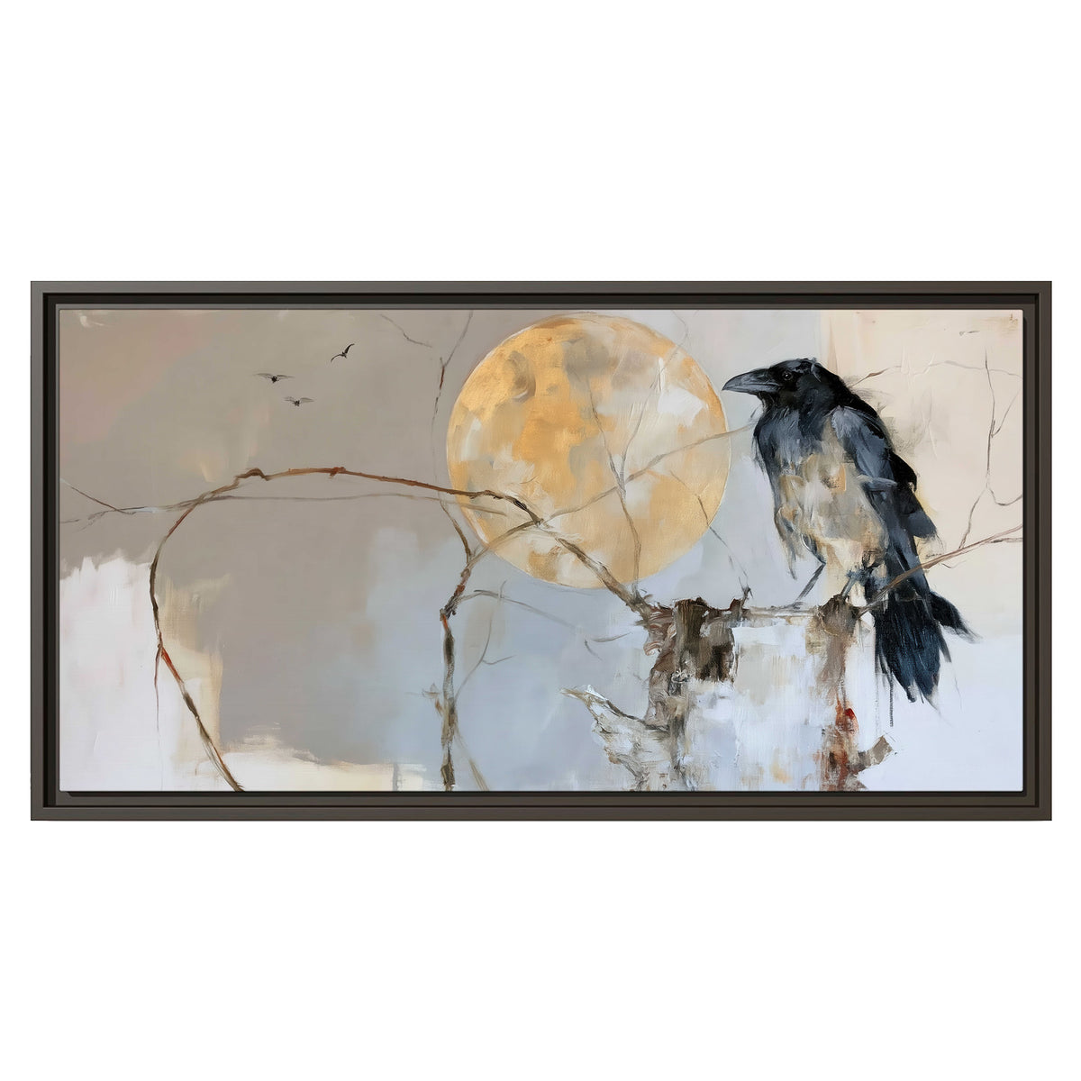 A dark raven beside a golden moon amid pale blue and cream painterly strokes single framed canvas wall art viewed straight on