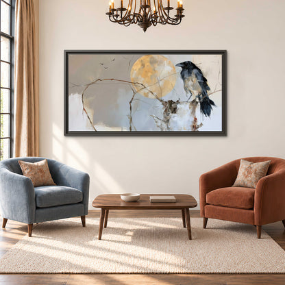A dark raven beside a golden moon amid pale blue and cream painterly strokes single framed canvas wall art styled in an interior