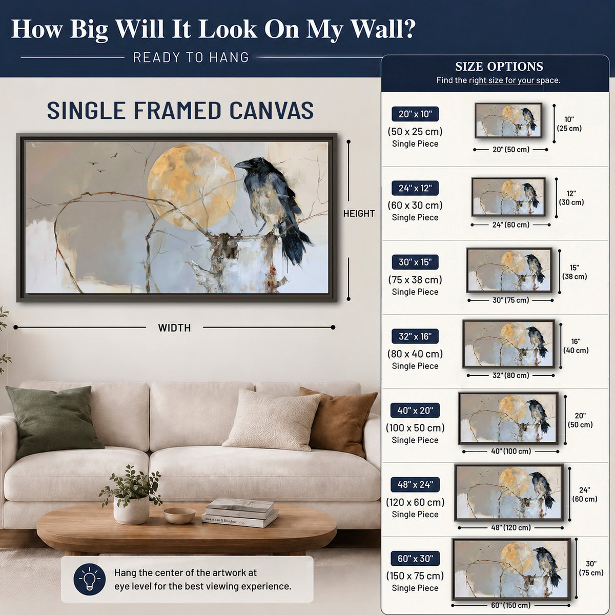 A dark raven beside a golden moon amid pale blue and cream painterly strokes single framed canvas wall art size guide above a sofa; room view is illustrative
